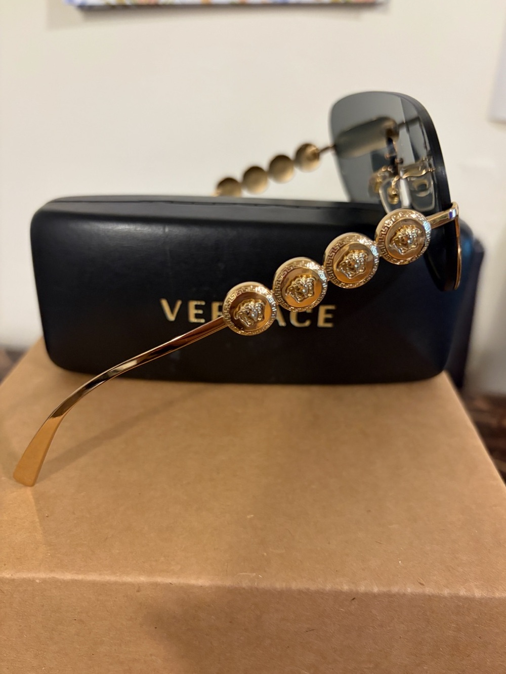 Versace Gold Medusa Coin Temple Sunglasses with Black Lenses